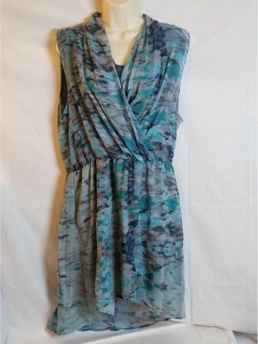 Buffalo David Bitton Turquoise Patterned Dress Sheer Size Large High Low Hem